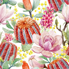 Fototapeta premium Watercolor banksia and magnolia vector pattern