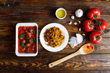 homemade Italian pasta with red tomato sauce and meatballs