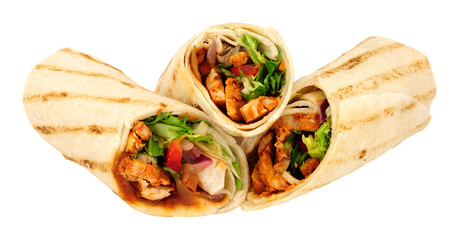 Barbecue chicken tortilla wraps isolated on a white background
