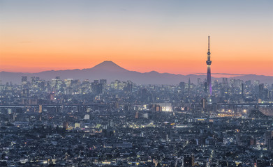Fototapeta na wymiar Tokyo night view , Tokyo Skytree landmark with Tokyo downtown building area and Mountain Fuji in winter season