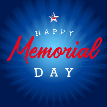 Happy Memorial day star and blue beams banner. Memorial Day lettering vector template in with text on blue striped background