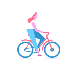 Young Girl ride bicycle. Vector flat illustration.