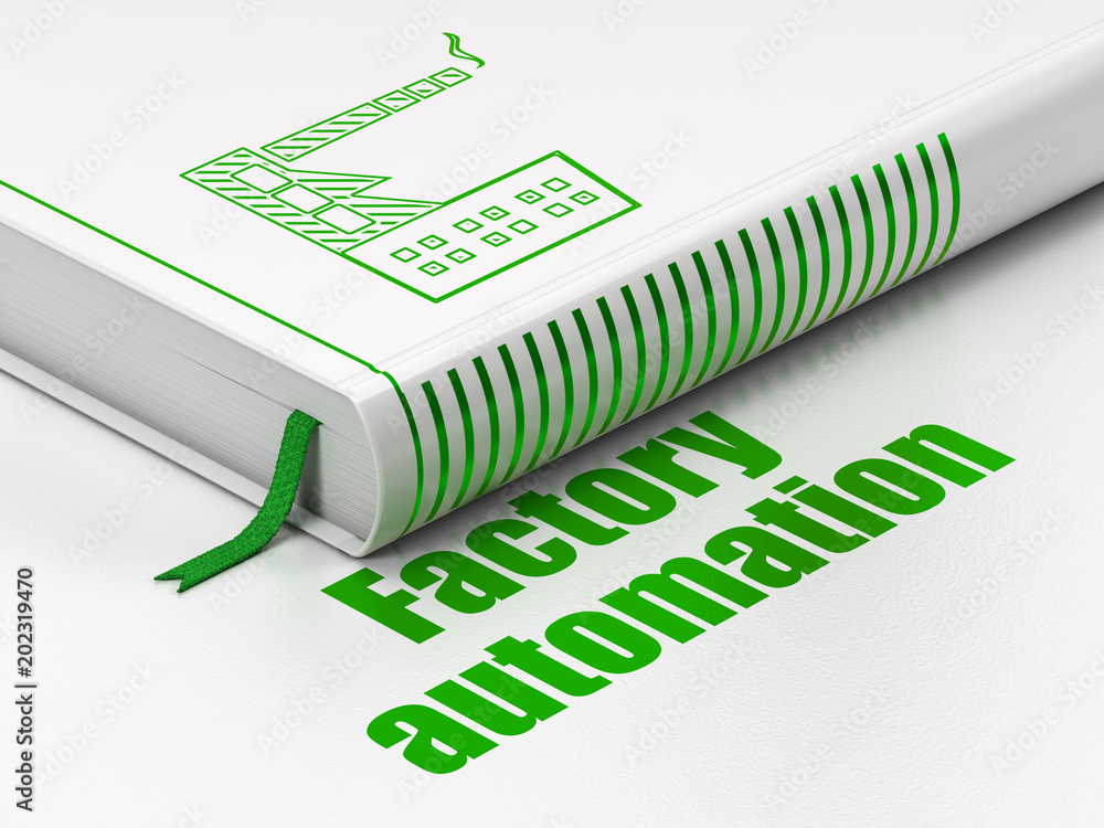 Poster industry concept: closed book with green industry building icon and text factory automation on floor