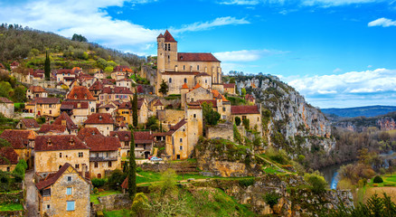 Saint-Cirq-Lapopie near Cahors, one of the most beautiful villages of France - obrazy, fototapety, plakaty