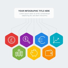 Flat geometric money, charts infographic steps template with 7 options for presentations, advertising, annual reports