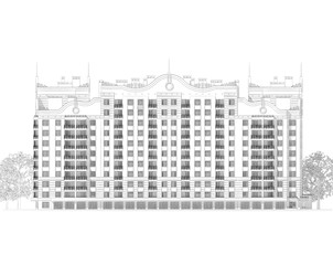 3d pencil sketch illustration of a modern multistory building exterior facade and yard landscape design