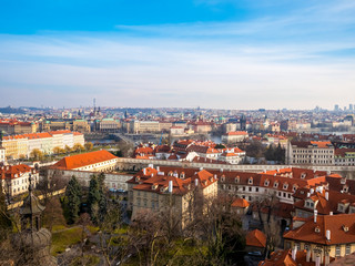 Fototapeta na wymiar Prague Czech Republic cityscape view blue sky orange roof space old town building landmark historical city.
