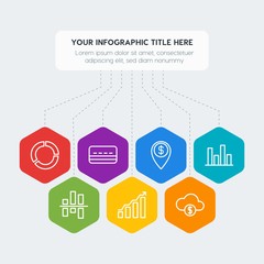 Flat geometric money, charts infographic steps template with 7 options for presentations, advertising, annual reports