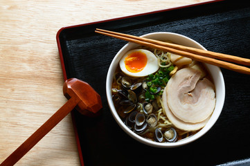 Jusanko Freshwater-Clam Ramen features using large amount of freshwater clams for topping and stock. The ramen is also topped with a boiled egg, green onion, bamboo shoot and wakame seaweed.