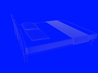 3d rendering of a bed blueprint as lines on a blue background