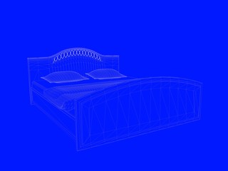 3d rendering of a bed blueprint as lines on a blue background