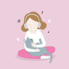 Cartoon cute relaxing time, Listen  music and big black cat vector.