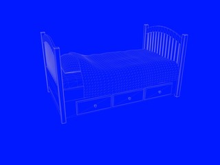 3d rendering of a bed blueprint as lines on a blue background