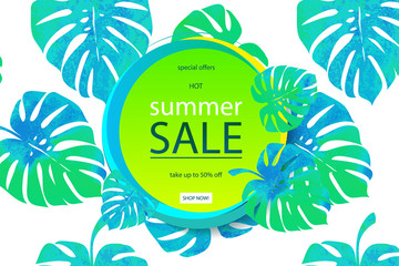 Sale banner, poster with palm leaves