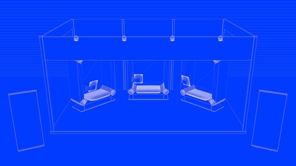 3d rendering of a lined blueprint exhibition design with booths
