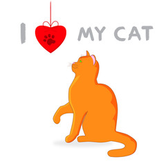 Cartoon character orange British cat.  I love my cat. Red British male cat with red heart. Vector Illustration EPS10.