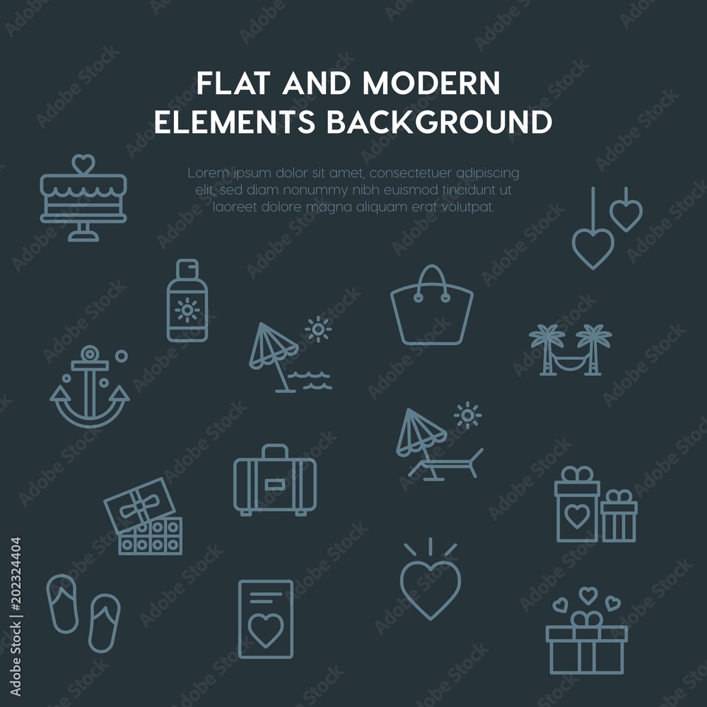 Poster travel, valentine outline vector icons and elements background concept on dark background.multipurpo