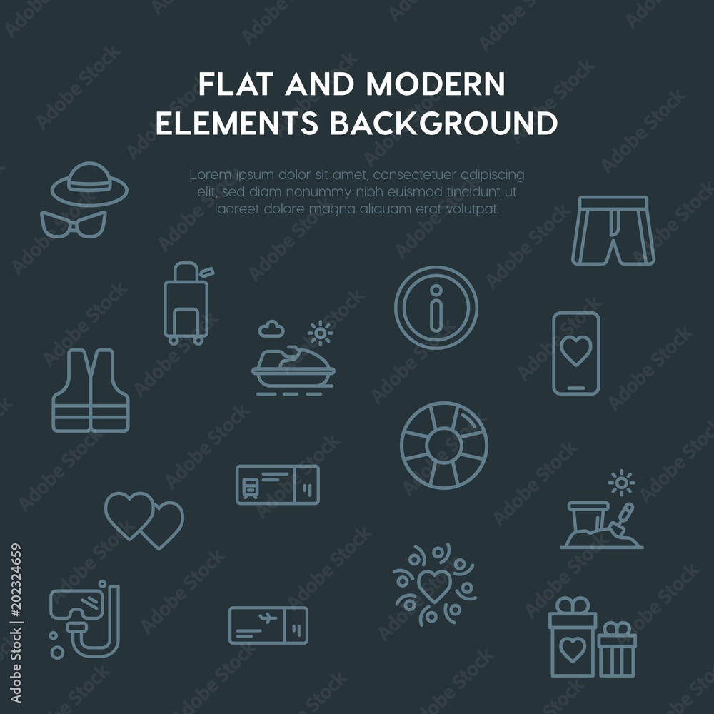 Poster travel, valentine outline vector icons and elements background concept on dark background.multipurpo
