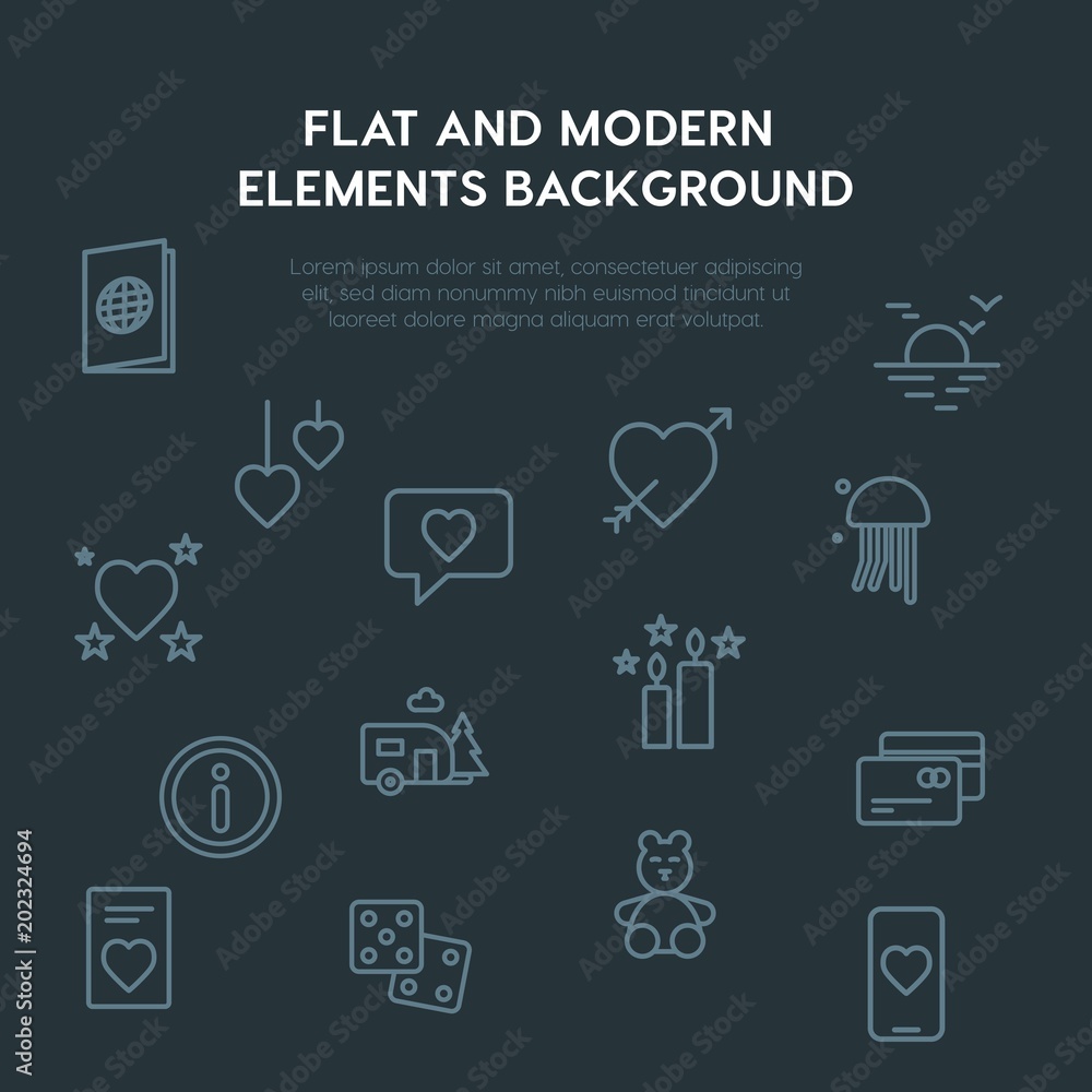 Poster travel, valentine outline vector icons and elements background concept on dark background.multipurpo