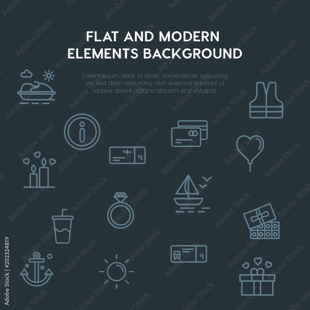 Poster travel, valentine outline vector icons and elements background concept on dark background.multipurpo