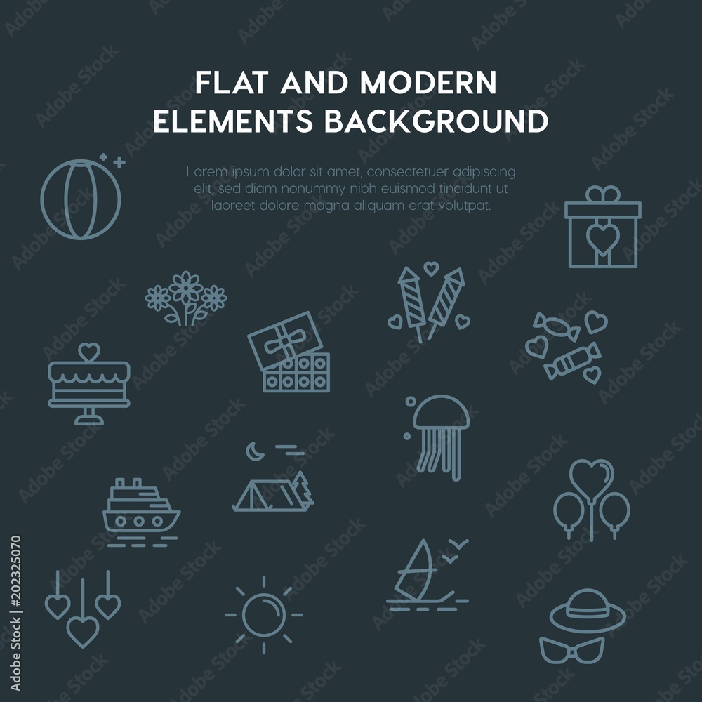 Poster travel, valentine outline vector icons and elements background concept on dark background.multipurpo