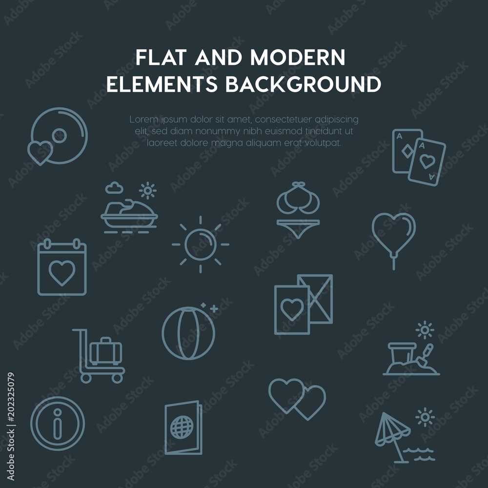 Poster travel, valentine outline vector icons and elements background concept on dark background.multipurpo