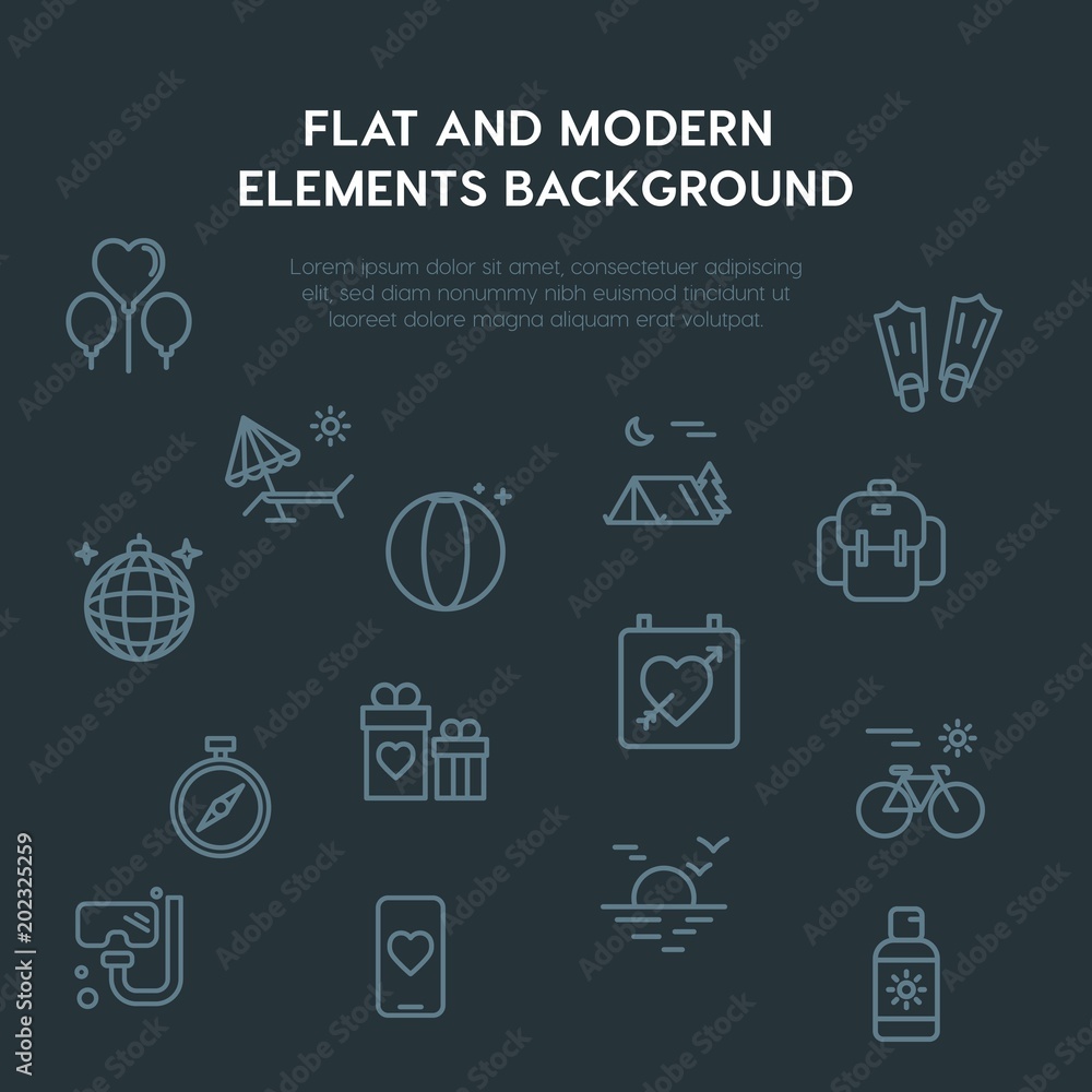 Poster travel, valentine outline vector icons and elements background concept on dark background.multipurpo