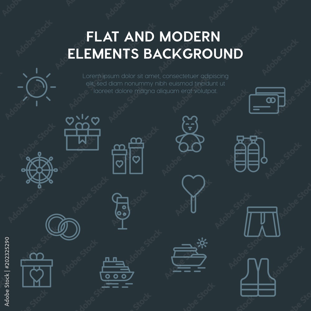 Poster travel, valentine outline vector icons and elements background concept on dark background.multipurpo