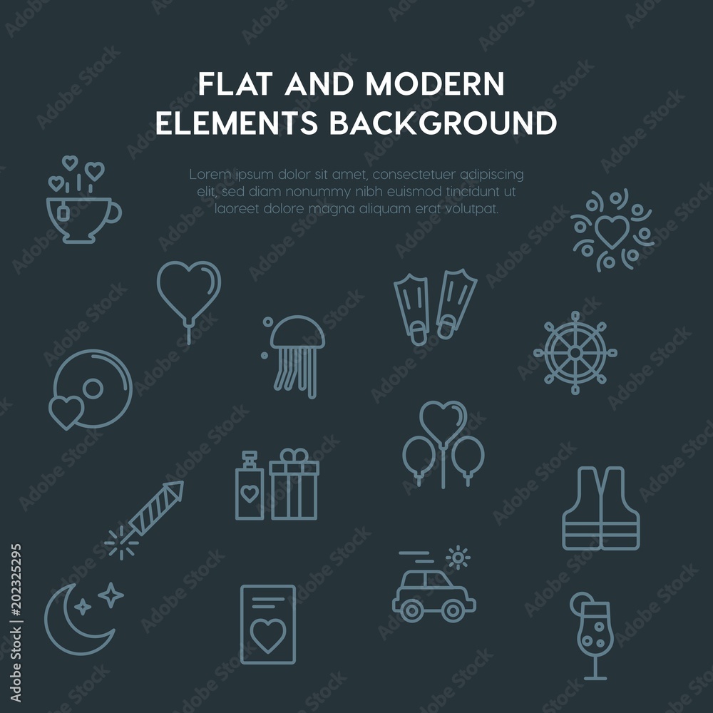 Poster travel, valentine outline vector icons and elements background concept on dark background.multipurpo