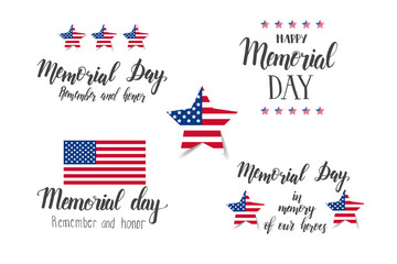 Memorial Day lettering Set. National american holiday. Hand made quotes "Happy Memorial Day. Remember and honor. In memory of our heroes". For banner, flyer, brochure, greeting postcards, websites