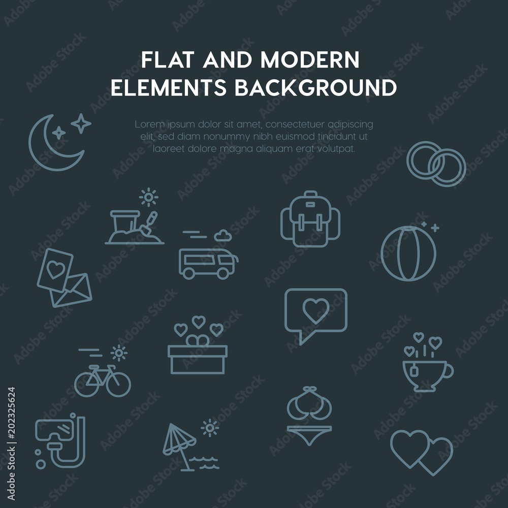 Poster travel, valentine outline vector icons and elements background concept on dark background.multipurpo