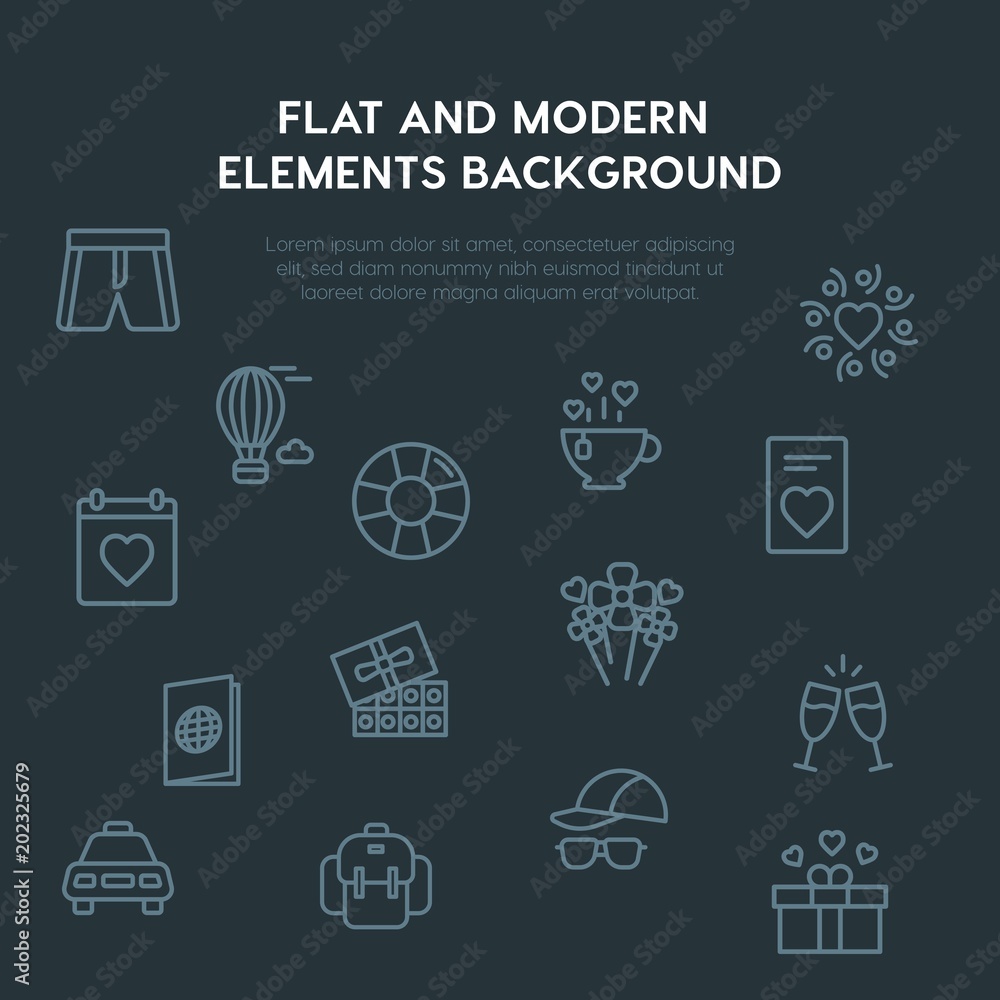 Poster travel, valentine outline vector icons and elements background concept on dark background.multipurpo