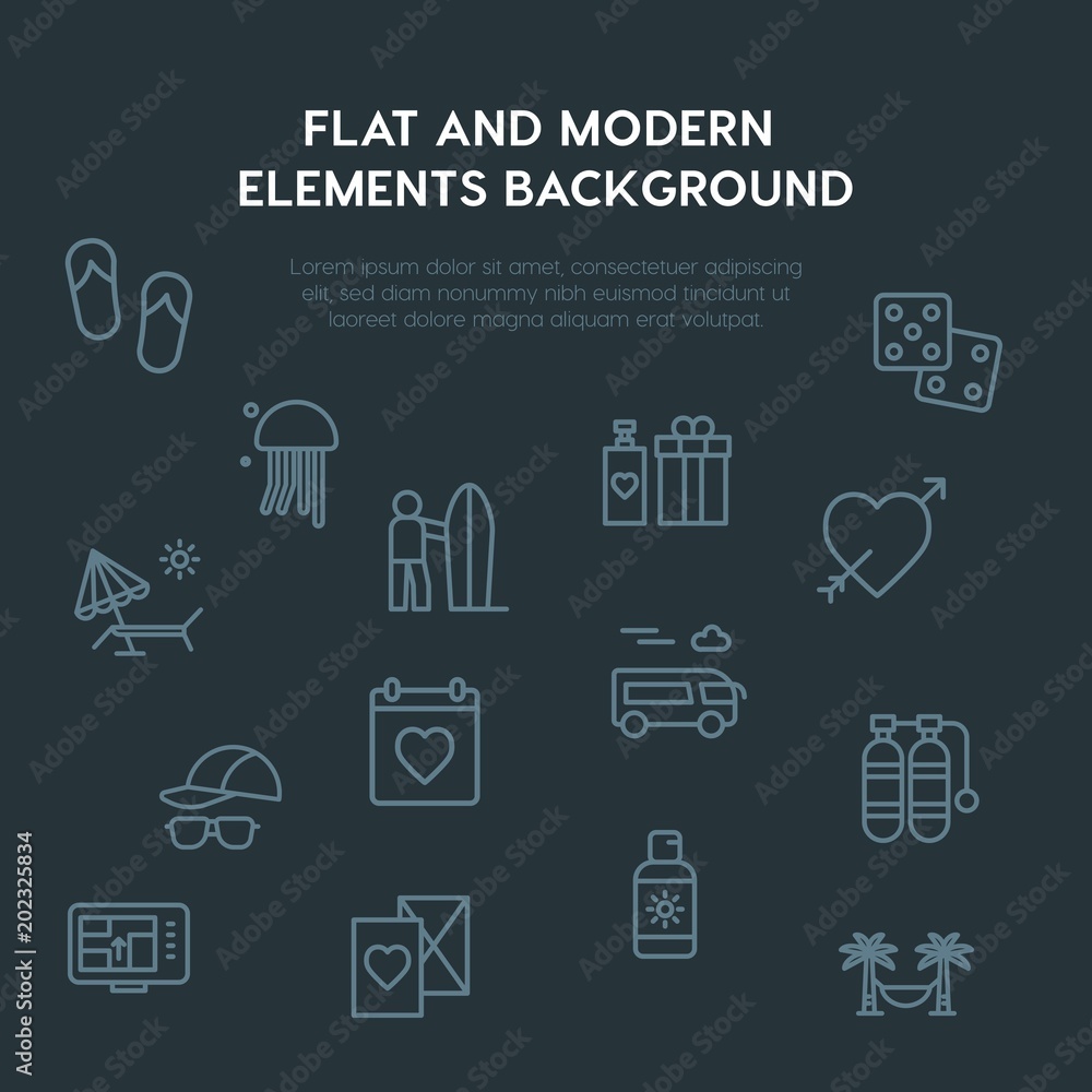 Poster travel, valentine outline vector icons and elements background concept on dark background.multipurpo