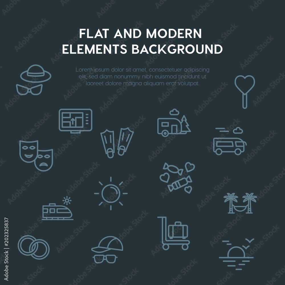 Poster travel, valentine outline vector icons and elements background concept on dark background.Multipurpose use on websites, presentations, brochures and more