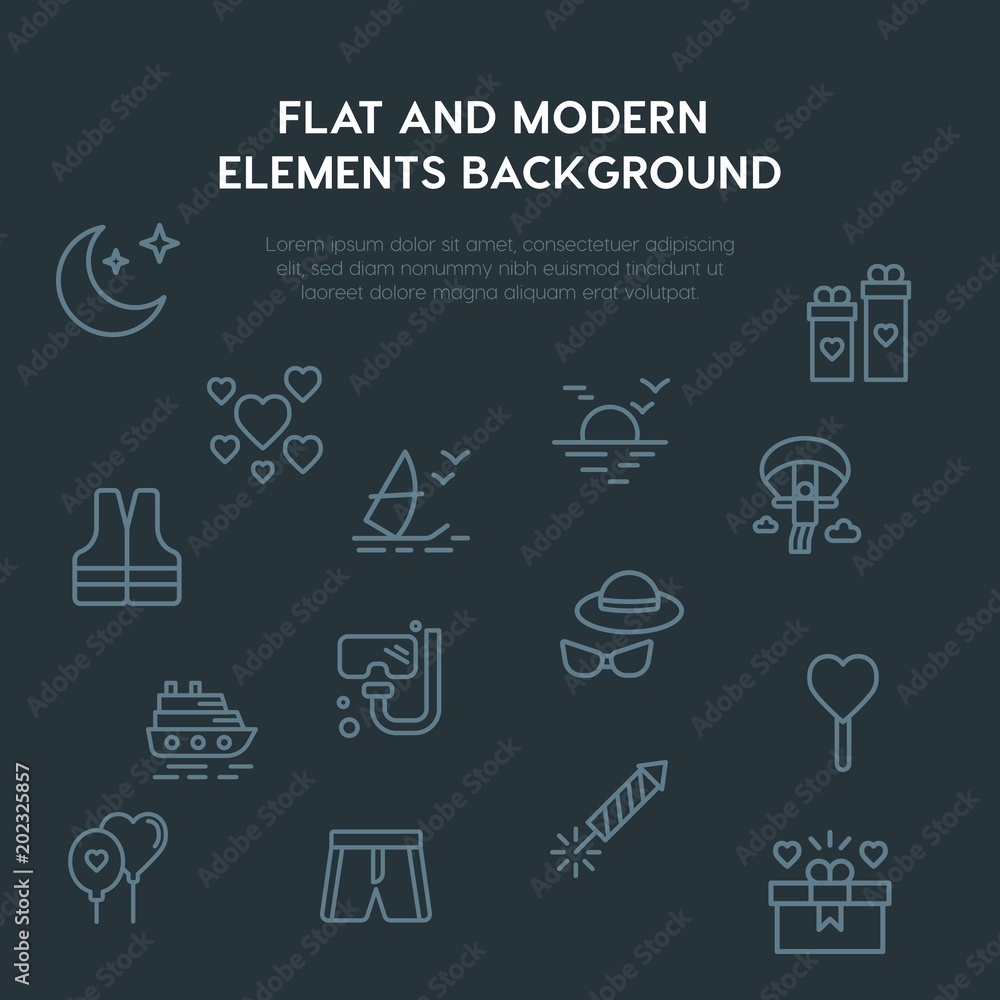 Poster travel, valentine outline vector icons and elements background concept on dark background.multipurpo