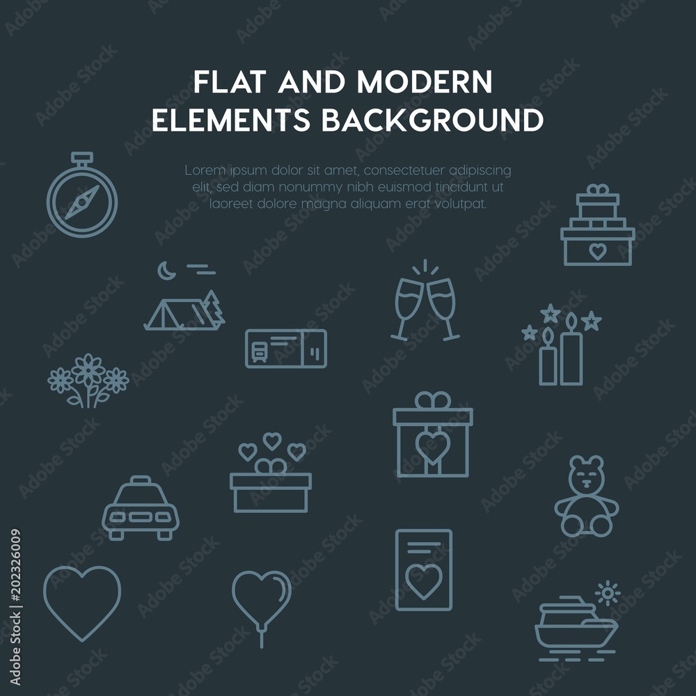 Poster travel, valentine outline vector icons and elements background concept on dark background.multipurpo