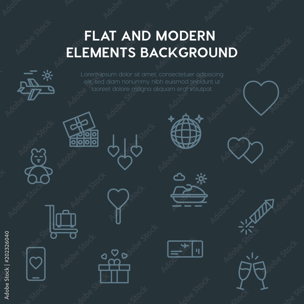 Poster travel, valentine outline vector icons and elements background concept on dark background.multipurpo