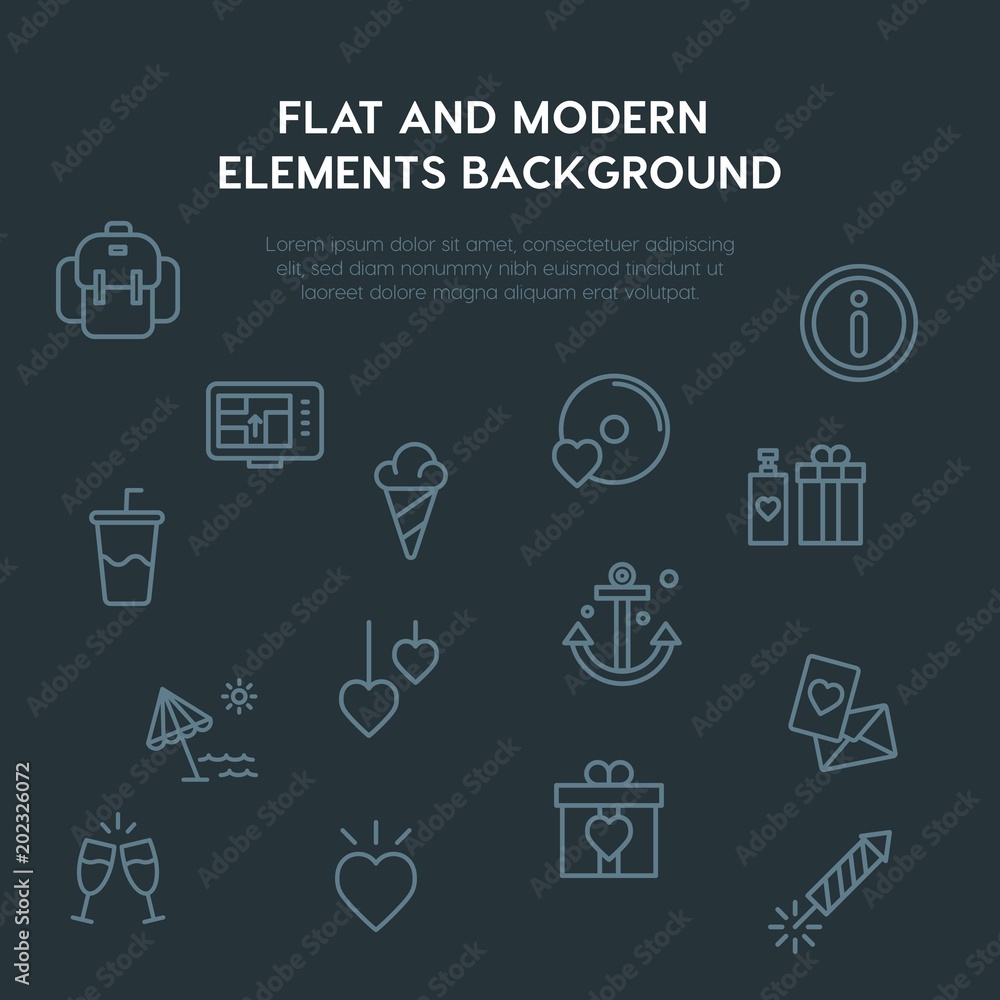 Poster travel, valentine outline vector icons and elements background concept on dark background.multipurpo