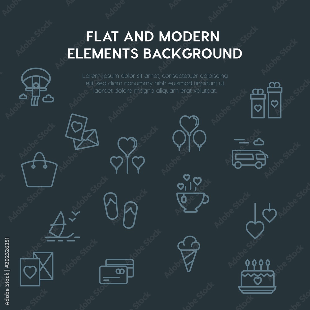 Poster travel, valentine outline vector icons and elements background concept on dark background.multipurpo
