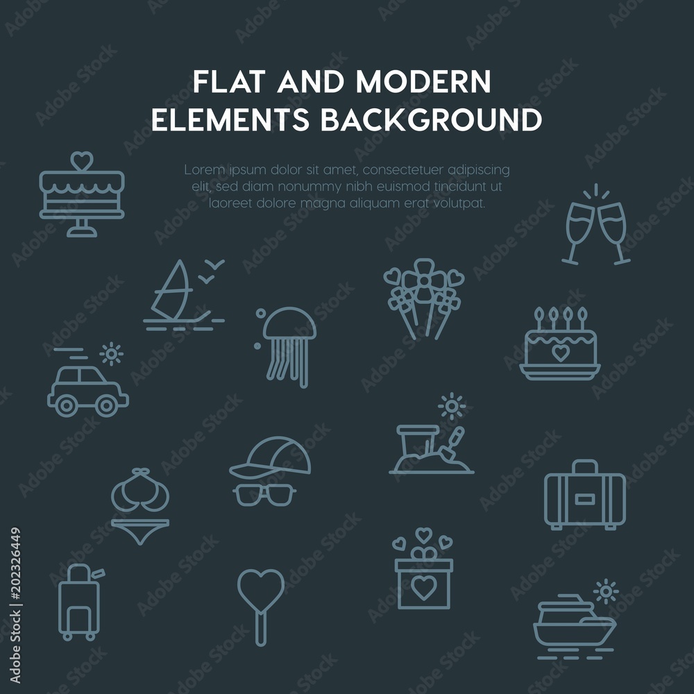 Poster travel, valentine outline vector icons and elements background concept on dark background.Multipurpose use on websites, presentations, brochures and more