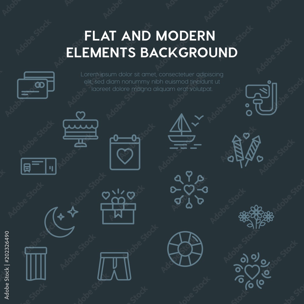 Poster travel, valentine outline vector icons and elements background concept on dark background.multipurpo