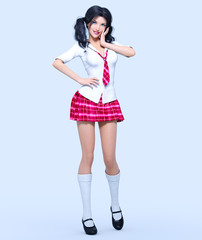 3D beautiful young attractive girl school uniform.White blouse, red short skirt cage.Woman studio photography. High heel. Conceptual fashion art. Seductive candid pose. Realistic render illustration