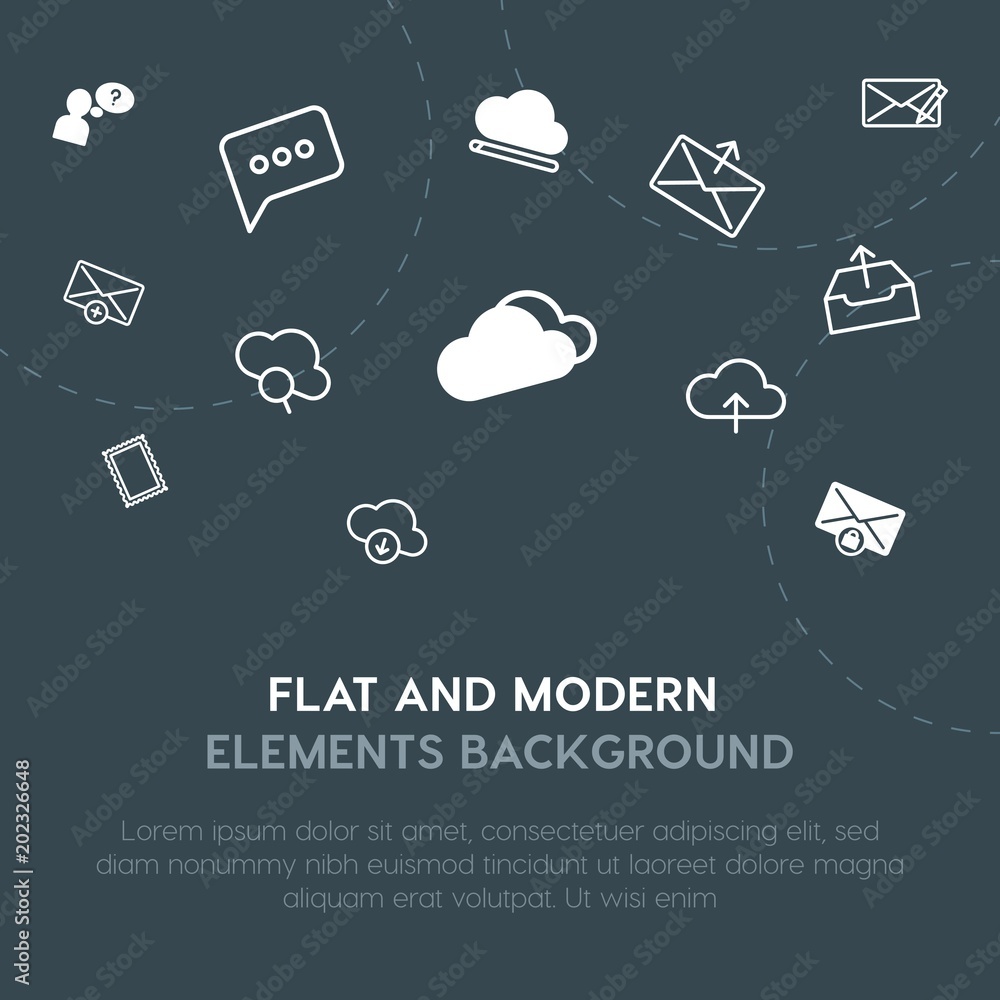Poster cloud and networking, chat and messenger, email outline, fill vector icons and elements background c