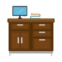 office wooden drawer with computer and books vector illustration design