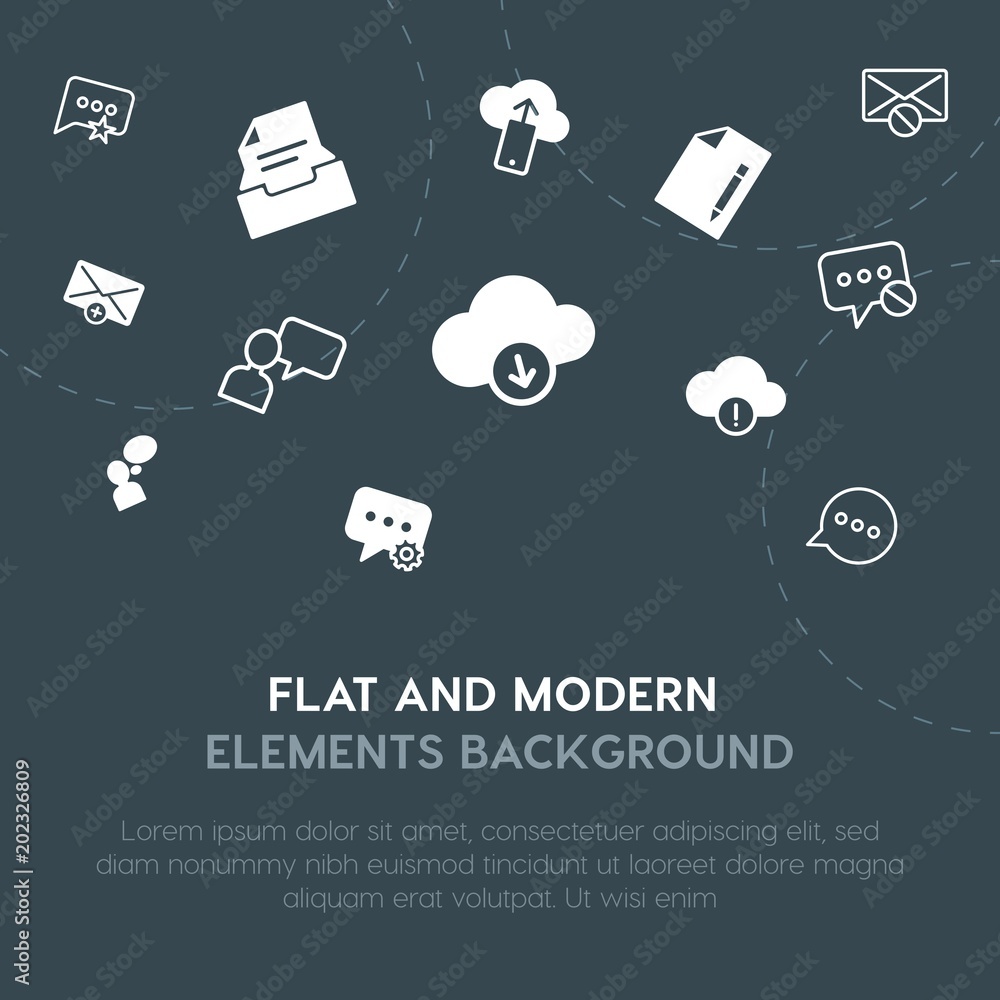 Poster cloud and networking, chat and messenger, email outline, fill vector icons and elements background c