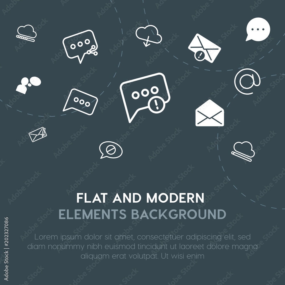 Poster cloud and networking, chat and messenger, email outline, fill vector icons and elements background c