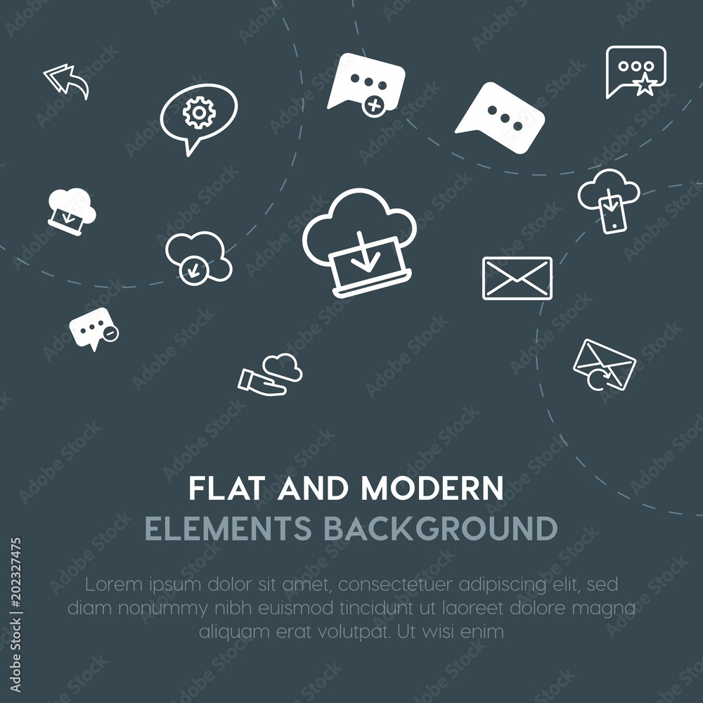 Poster cloud and networking, chat and messenger, email outline, fill vector icons and elements background c
