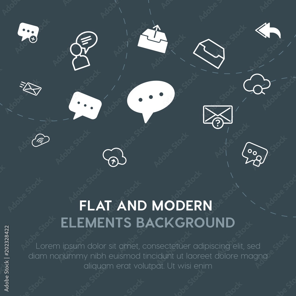 Poster cloud and networking, chat and messenger, email outline, fill vector icons and elements background c