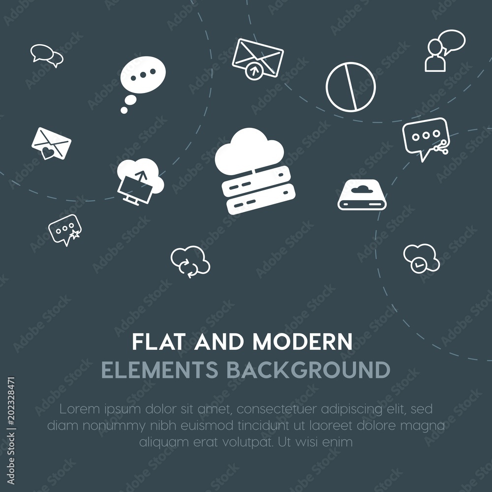 Poster cloud and networking, chat and messenger, email outline, fill vector icons and elements background c