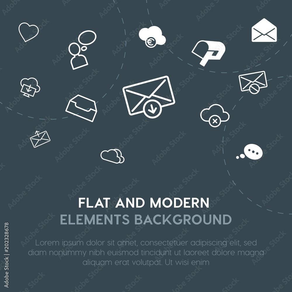Poster cloud and networking, chat and messenger, email outline, fill vector icons and elements background c